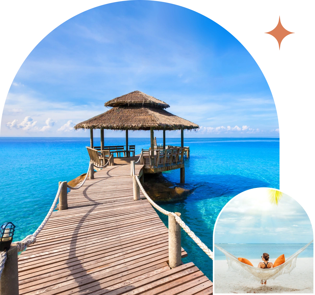 Tropical beach gazebo, relaxing hammock.