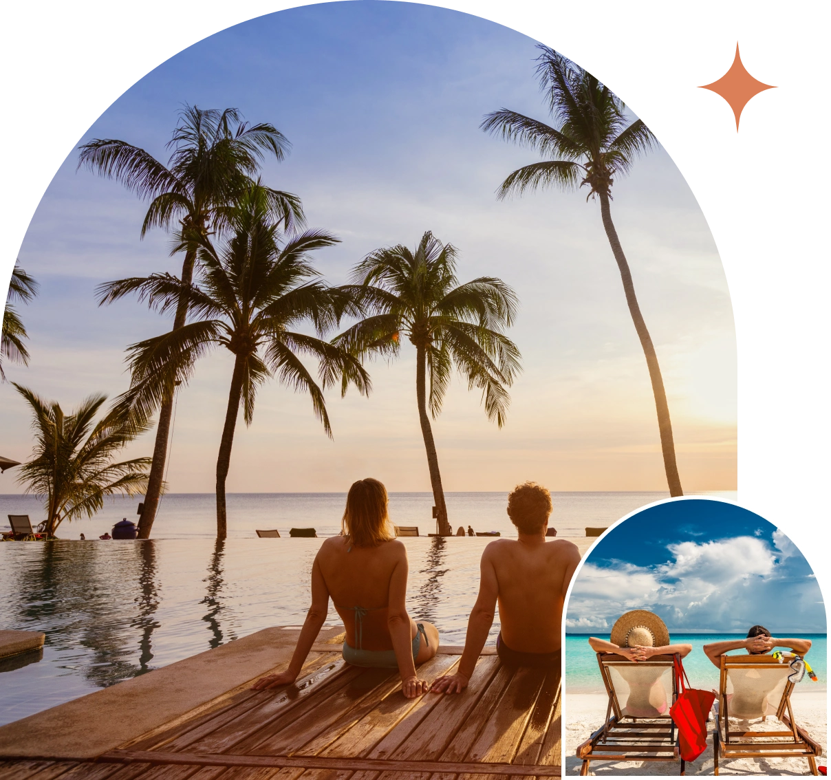 Couple relaxing by tropical pool at sunset.