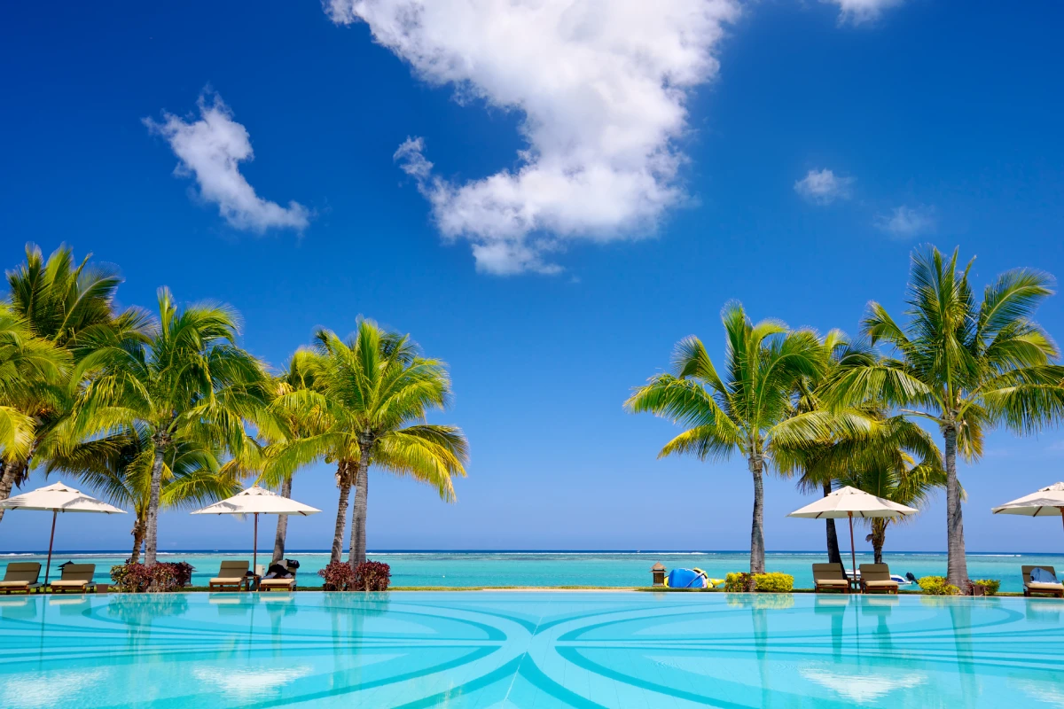Tropical resort pool with ocean view.