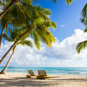 Tropical beach with lounge chairs.
